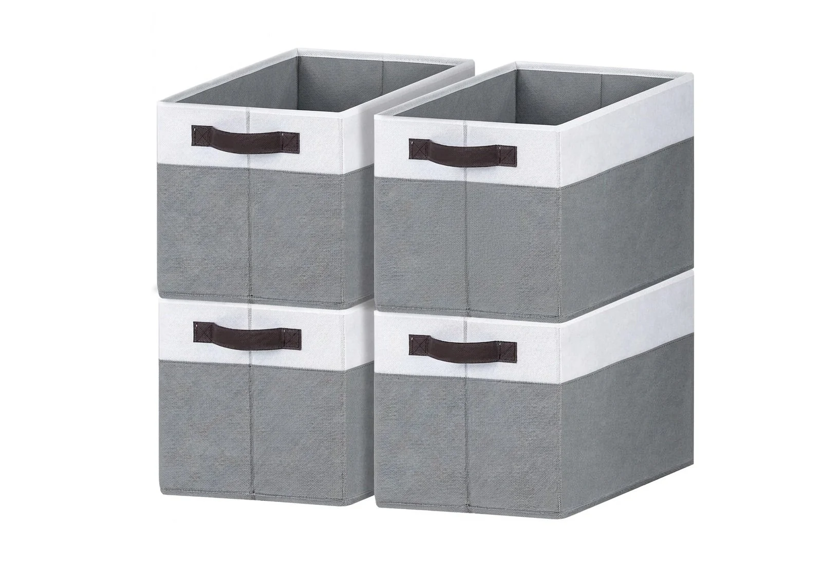Four gray and white fabric storage bins