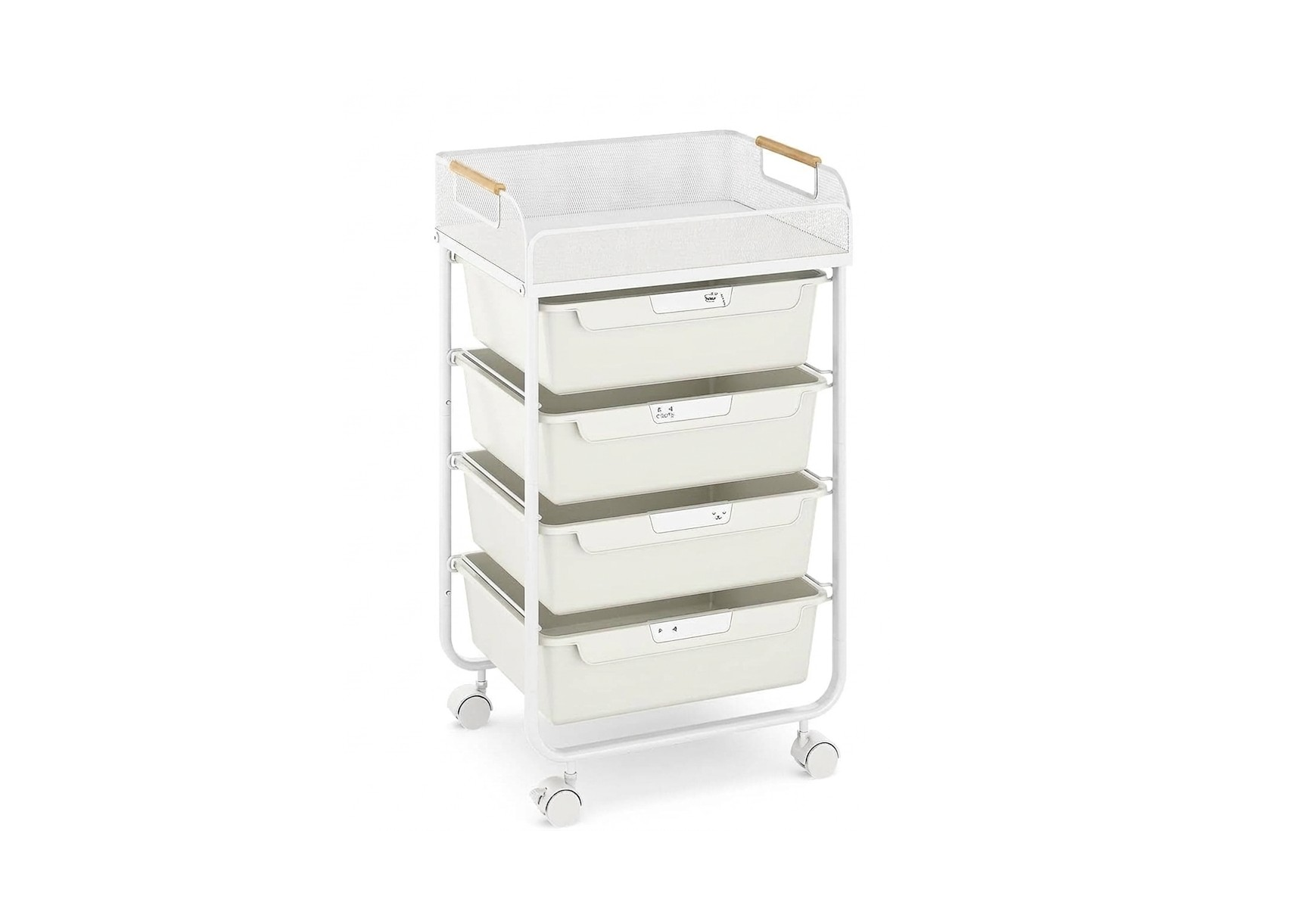 White mobile storage cart with four plastic drawers and a mesh top tray with wooden handles, on wheels.