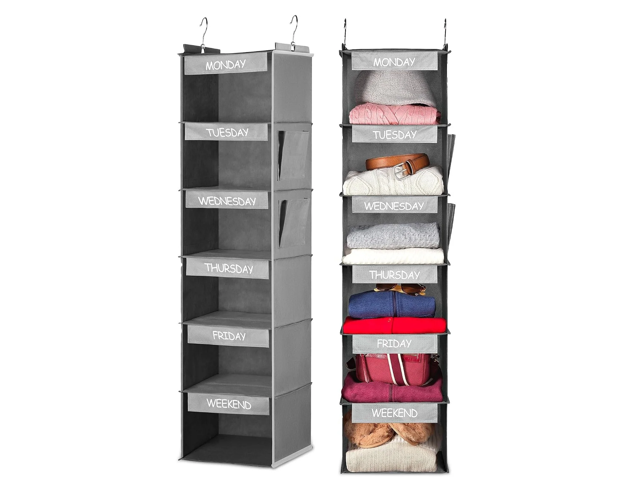 Vertical fabric storage organizers labeled with days of the week - kids outfit organizer