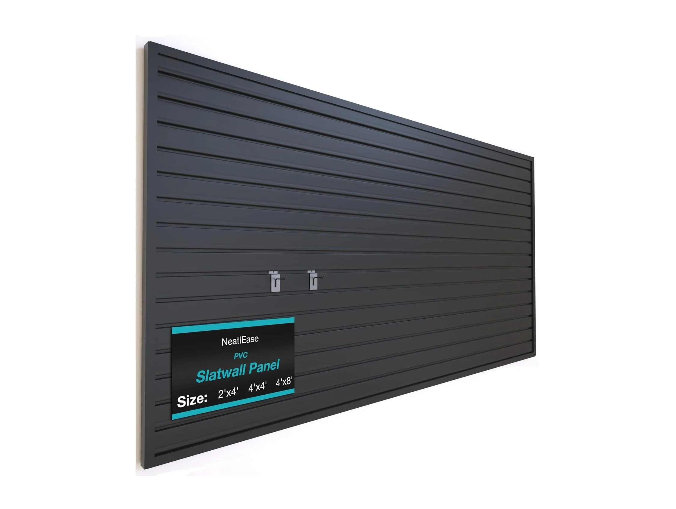 Black slatwall panel with horizontal grooves for garage organization and storage