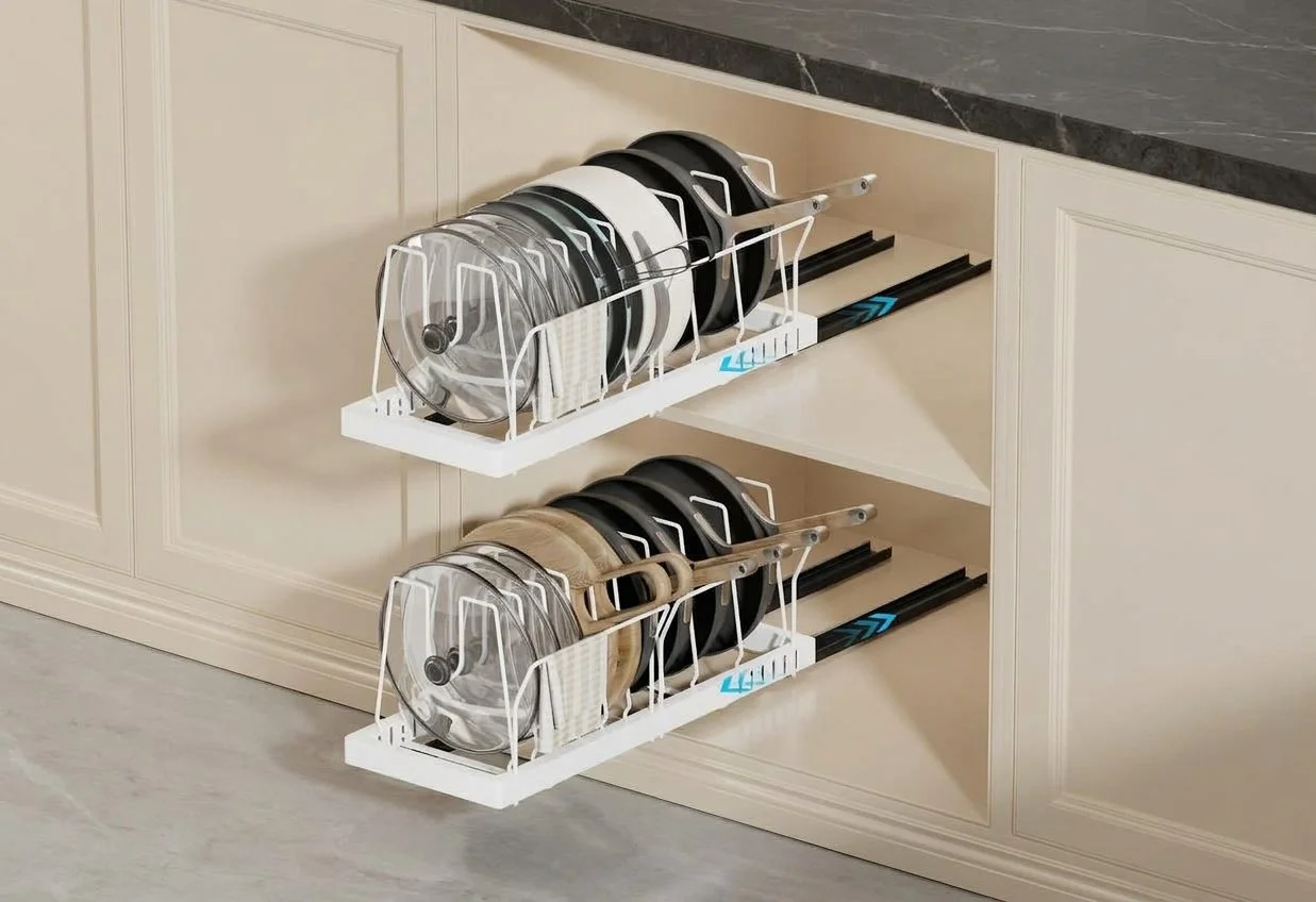Pull-out cabinet drawers, Pots and Pans Organizer Under Cabinet, Adjustable Dividers No Drill