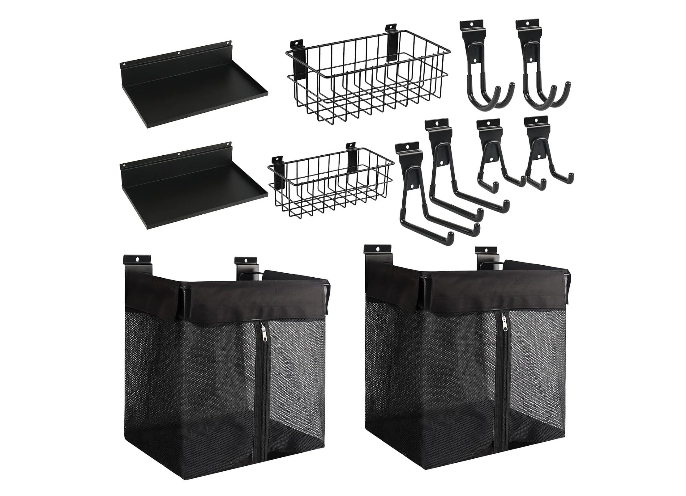 Set of black slatwall storage organization hooks