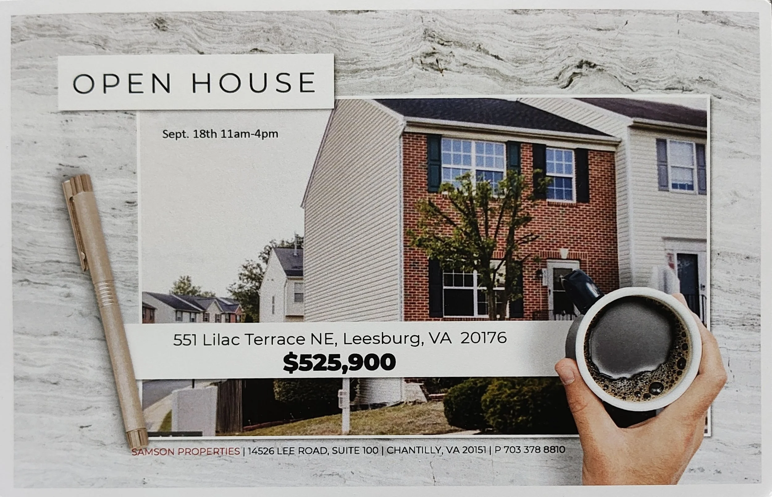 Flyer for an open house showing a two-story house with brick and siding exterior, with a tree in front, and a cup of coffee held in a person's hand, lying on a marble surface with a pen nearby.