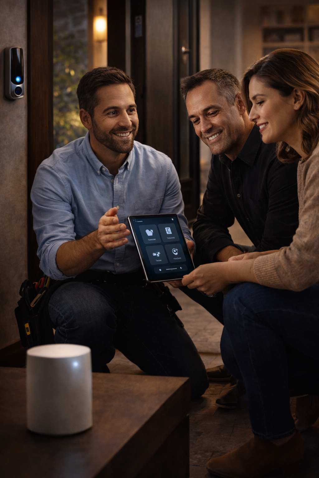 Three people sitting on the floor inside a house, looking at a tablet and smiling, with a smart home device on the table in the foreground.