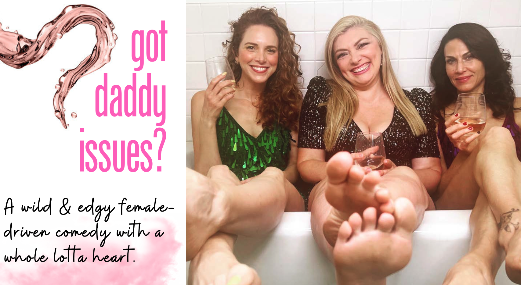 Three women sitting in a bubble bath, each holding a glass of wine, smiling at the camera. The women are dressed in colorful tops, and the image has a playful, fun vibe.