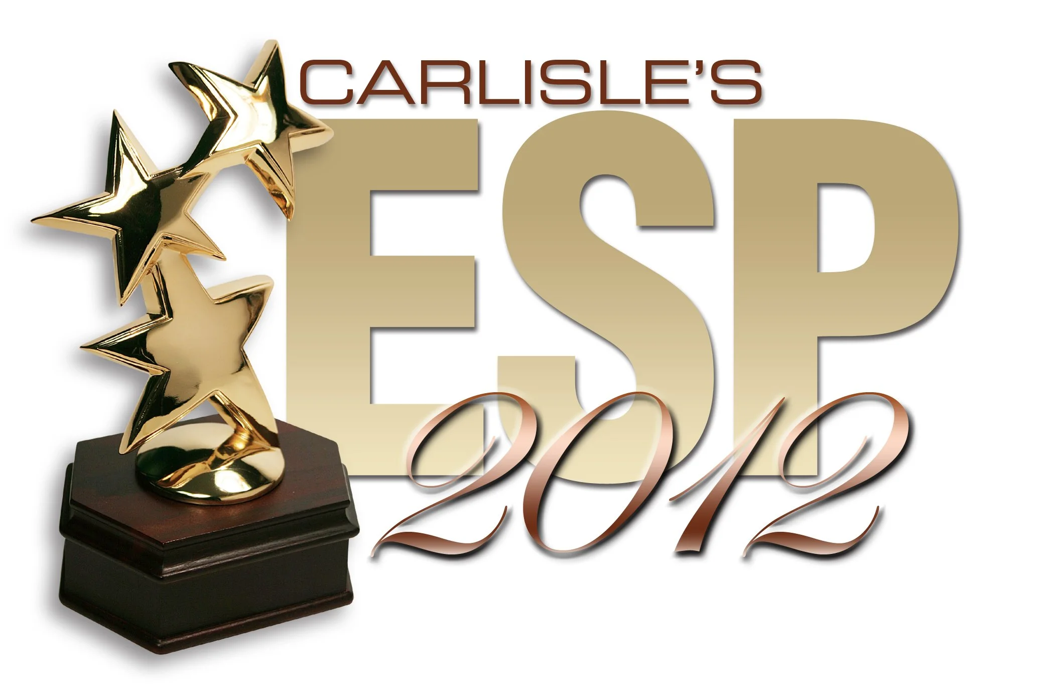 A gold star trophy with a black base, with text indicating 'Carlisle's' and 'ESP 2012' in gold and brown fonts.