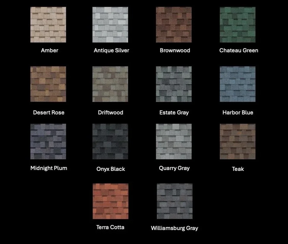A color palette chart with 15 square color samples labeled with names like Amber, Antique Silver, Brownwood, Chateau Green, Desert Rose, Driftwood, Estate Gray, Harbor Blue, Midnight Plum, Onyx Black, Quarry Gray, Teak, Terra Cotta, and Williamsburg Gray.