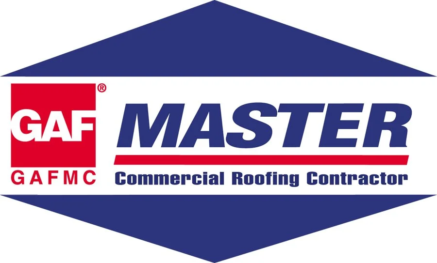 Logo for GAF Master, a commercial roofing contractor, with blue, red, and white colors.