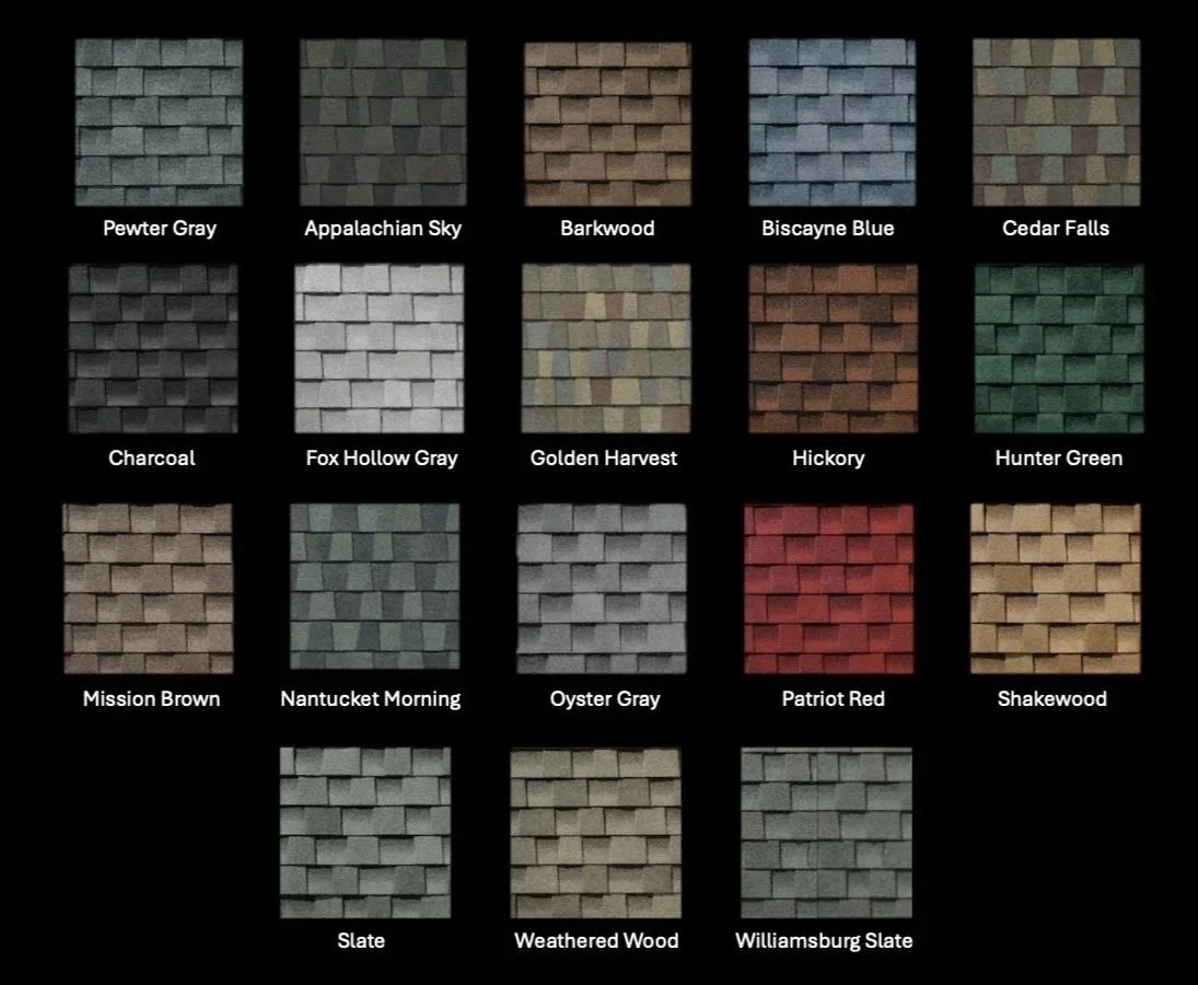 A grid of 20 samples of colored shingles showing various shades and names, including Pewter Gray, Appalachian Sky, Barkwood, Biscayne Blue, Cedar Falls, Charcoal, Fox Hollow Gray, Golden Harvest, Hickory, Hunter Green, Mission Brown, Nantucket Morning, Oyster Gray, Patriot Red, Shakewood, Slate, Weathered Wood, and Williamsburg Slate.