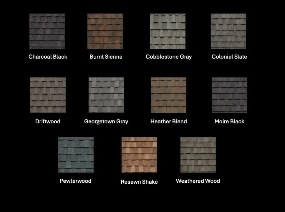 Collection of different shingle color samples with names and color descriptions, including Charcoal Black, Burnt Sienna, Cobblesstone Gray, Colonial Slate, Driftwood, Georgetown Gray, Heather Blend, Moire Black, Pewterwood, Resawn Shake, and Weathered Wood.