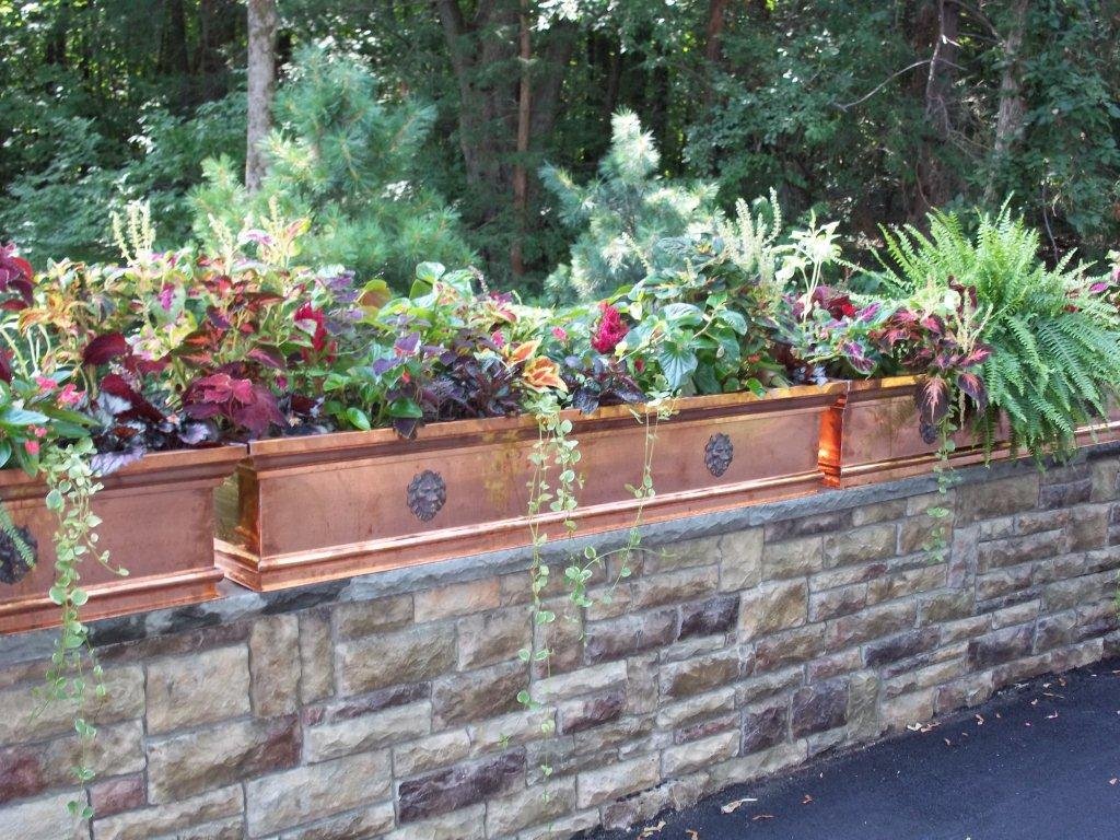 Flower boxes on a brick wall filled with various green plants and flowers, with a wooded background.