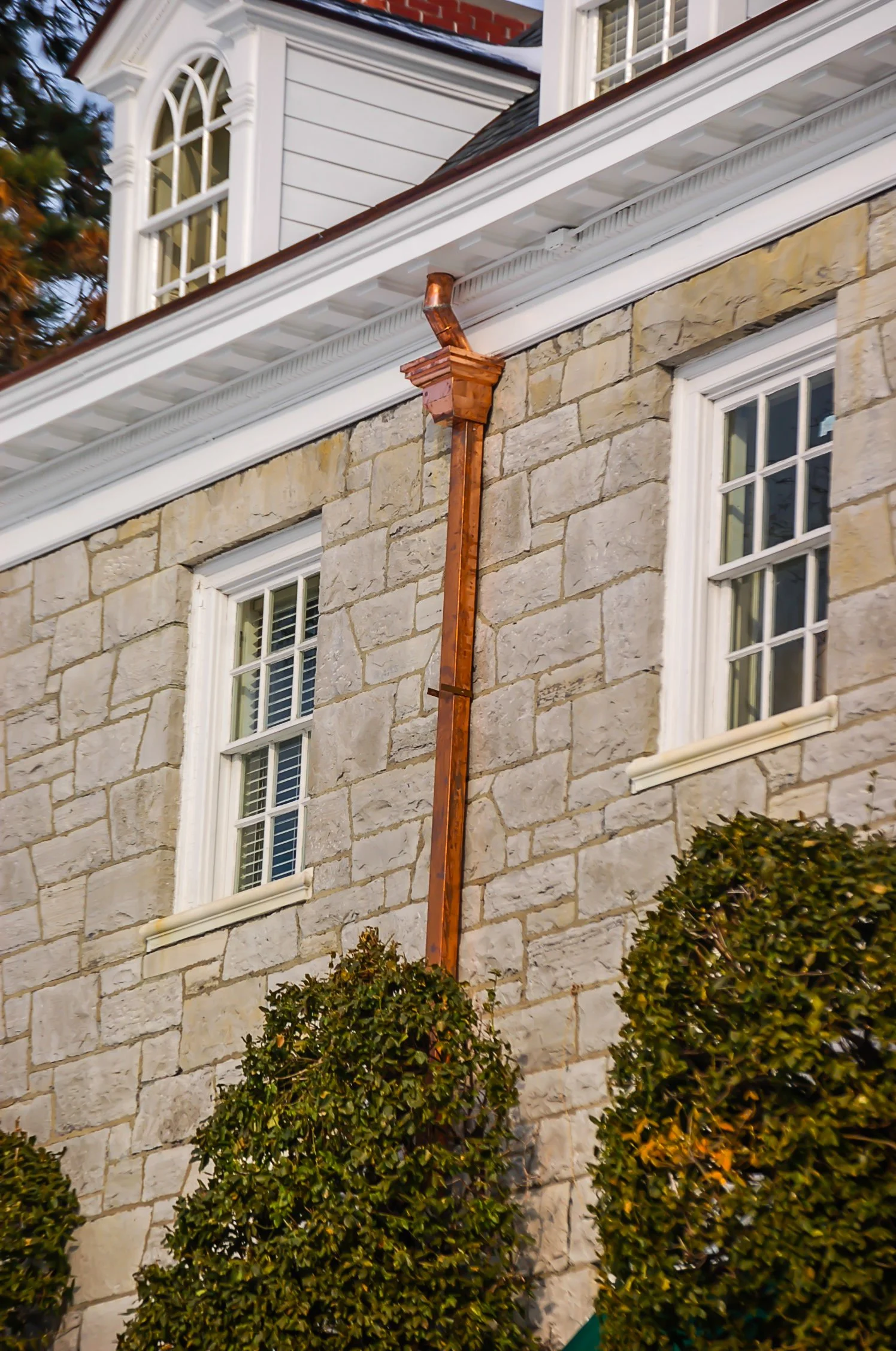 Close-up of a stone house wall with two white-framed windows, a white decorative cornice, a brown metal downspout, and shrubbery in the foreground.