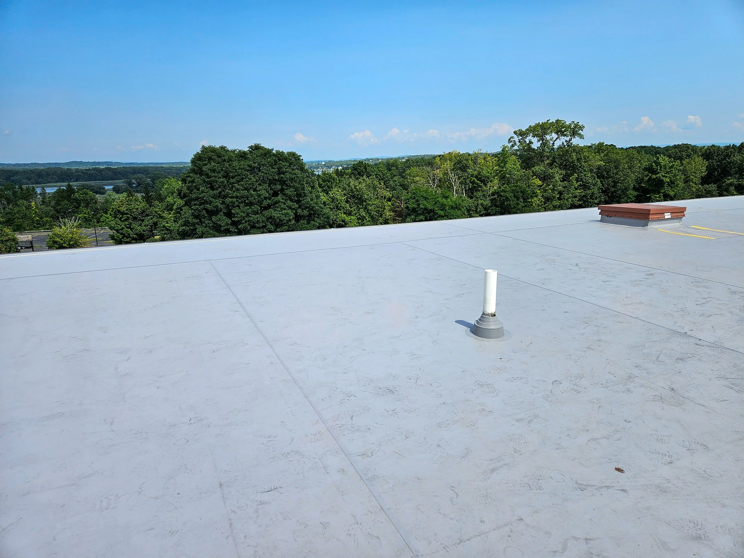 Rooftop view with a white surface, a vent pipe, and a tree-lined landscape under a blue sky.