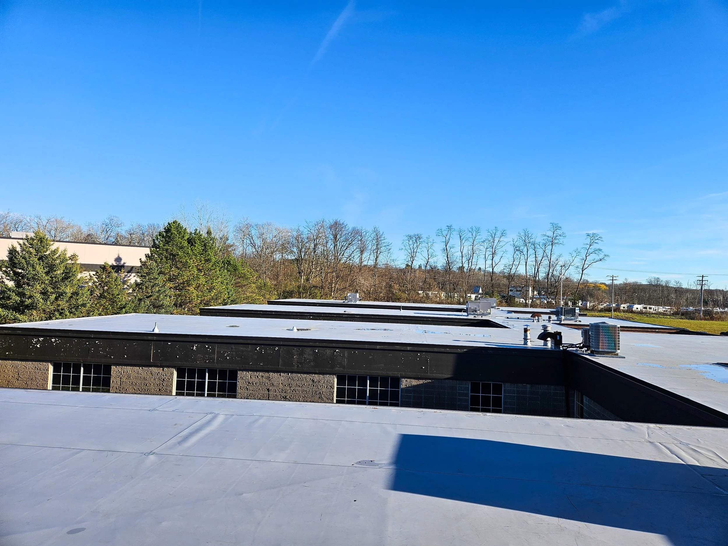 View of flat rooftops with HVAC units, trees, and a clear blue sky in the background.