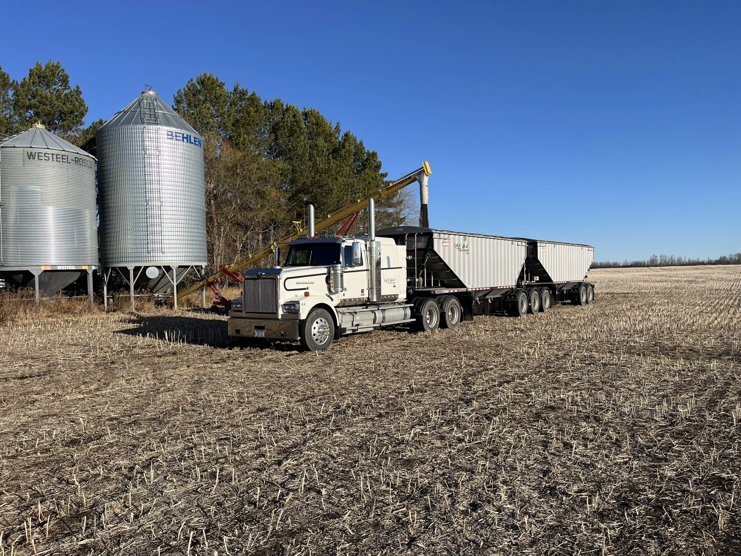 Farm scene with a large white semi-truck and two grain silos in a harvested field on a clear day.