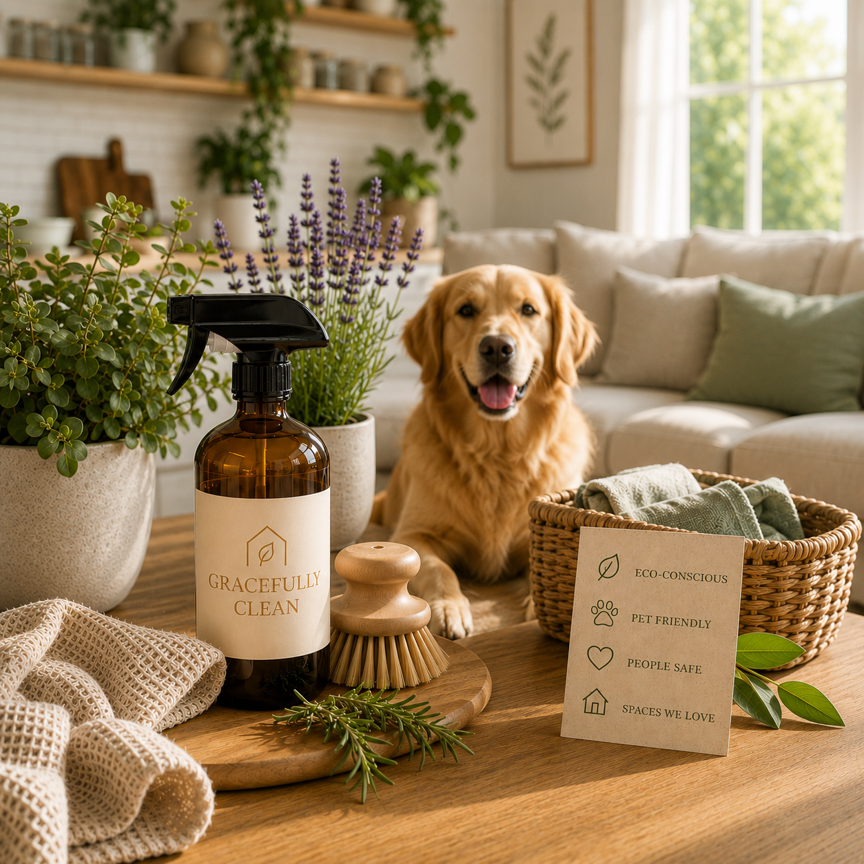 A happy golden retriever in a cozy living room surrounded by houseplants, cleaning spray labeled "Gracefully Clean," a wooden brush, a sign with eco-friendly messages, and a woven basket with rolled towels.