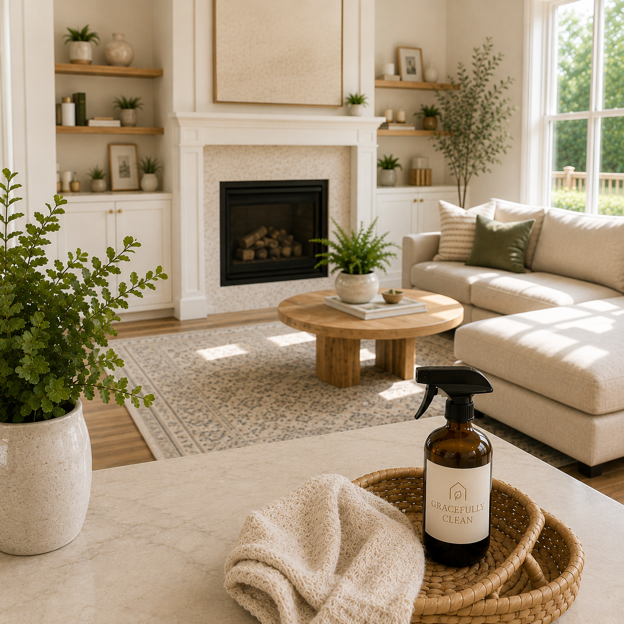 Bright living room with a white sofa, wooden coffee table, fireplace, and built-in shelves with decor. Sunlight streams through large windows, and plants decorate the space. On the counter, there is a spray bottle labeled "Gracefully Clean" and a beige cloth.