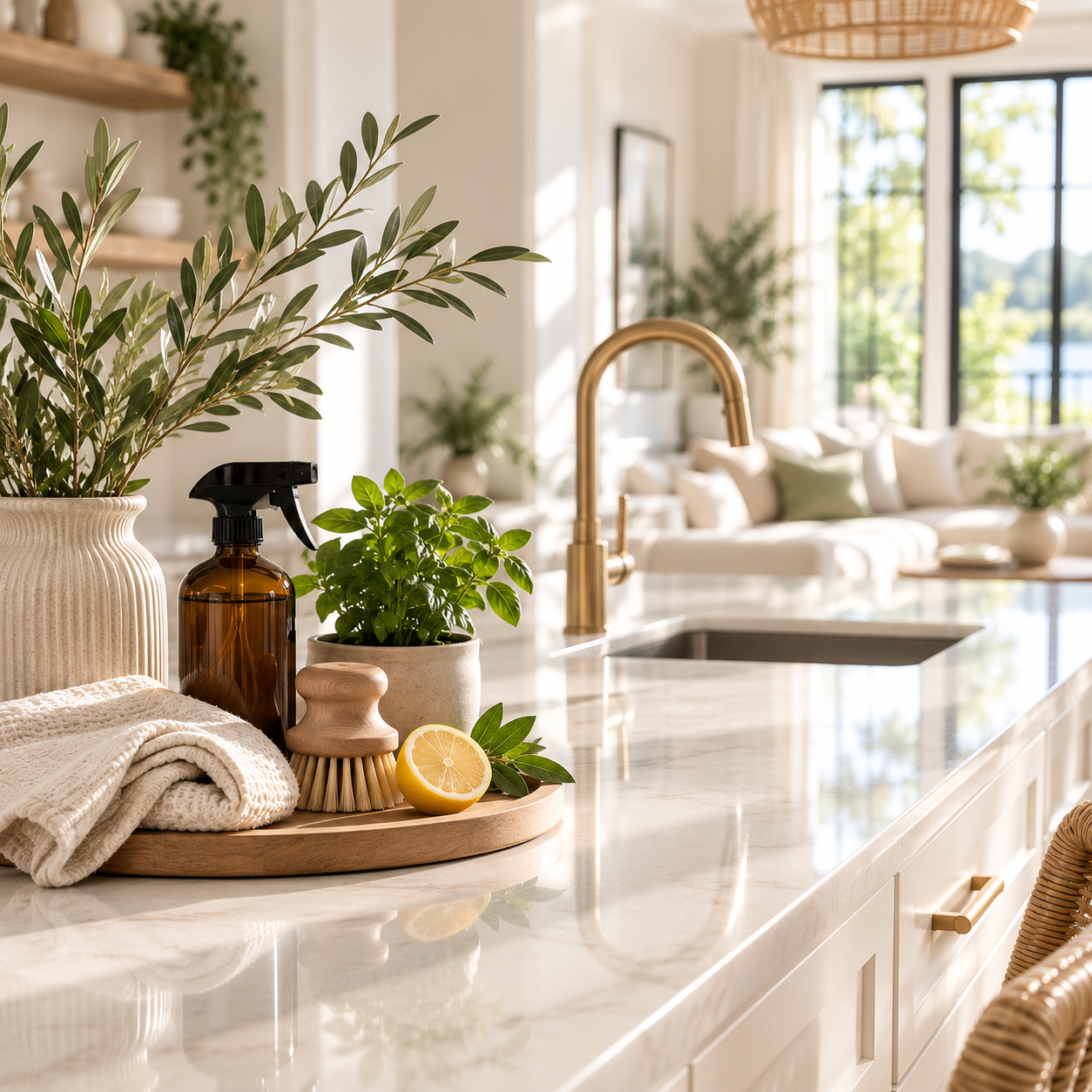 Decorative kitchen countertop with green plants, a spray bottle, a lemon half, a cloth, and a soap brush, with a modern gold faucet on a white marble surface, overlooking a bright living room with large windows and greenery outside.