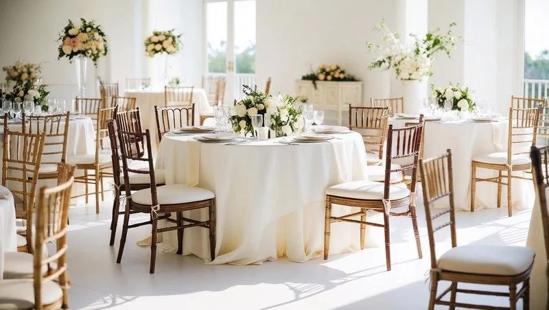 Elegant event space decorated with round tables covered in white tablecloths, surrounded by gold and brown chairs, with floral centerpieces featuring white and pink flowers, set near large windows with natural light.