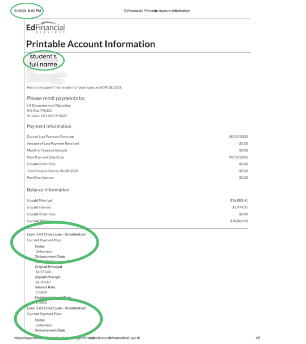 Accepted loan example: account page with the date, the student's full name and loan details circled