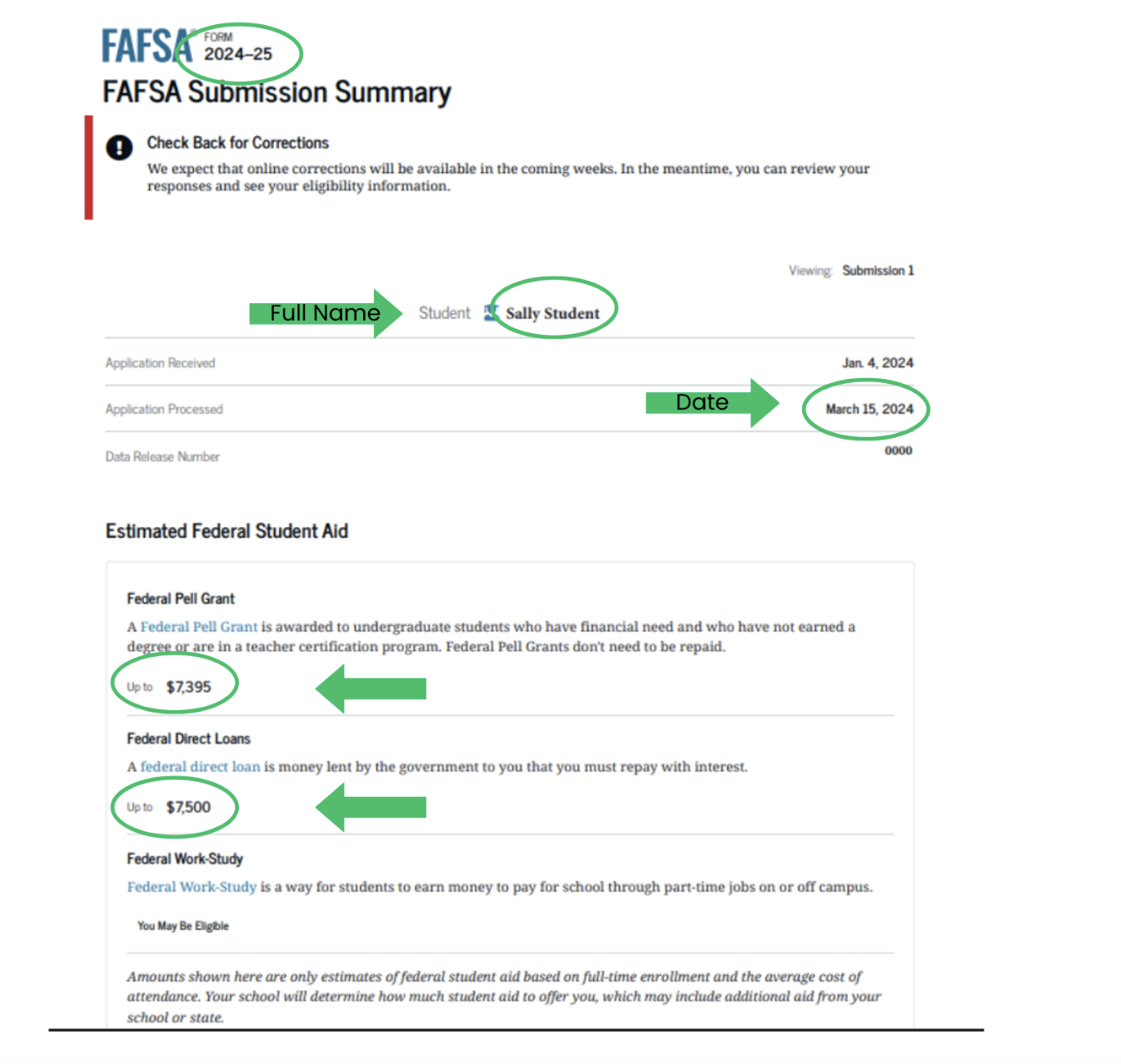 Sample FAFSA Submission Summary with the student's name, processed date and aid amounts circled
