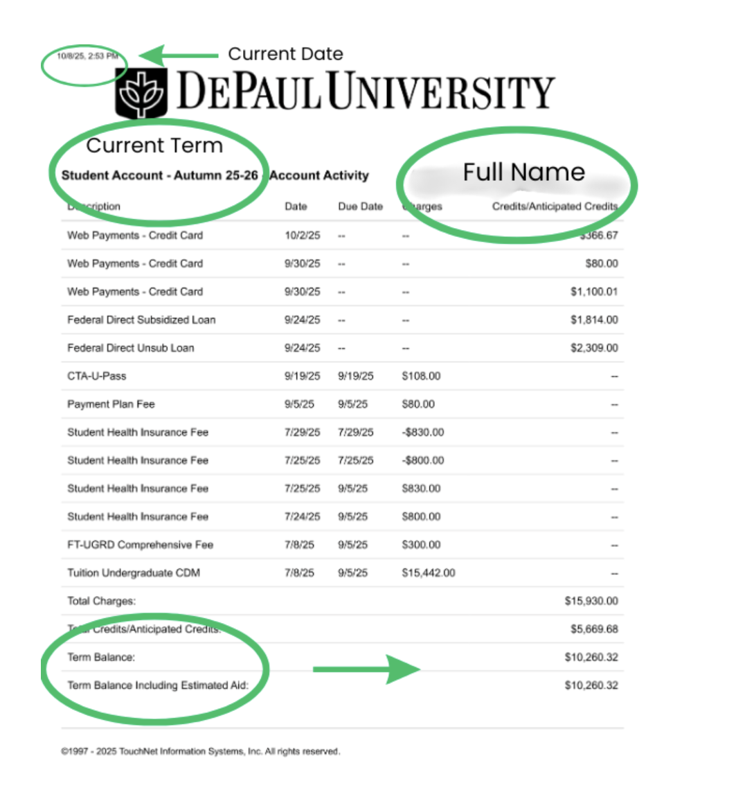 DePaul University account statement example with the date, term, full name and balance circled