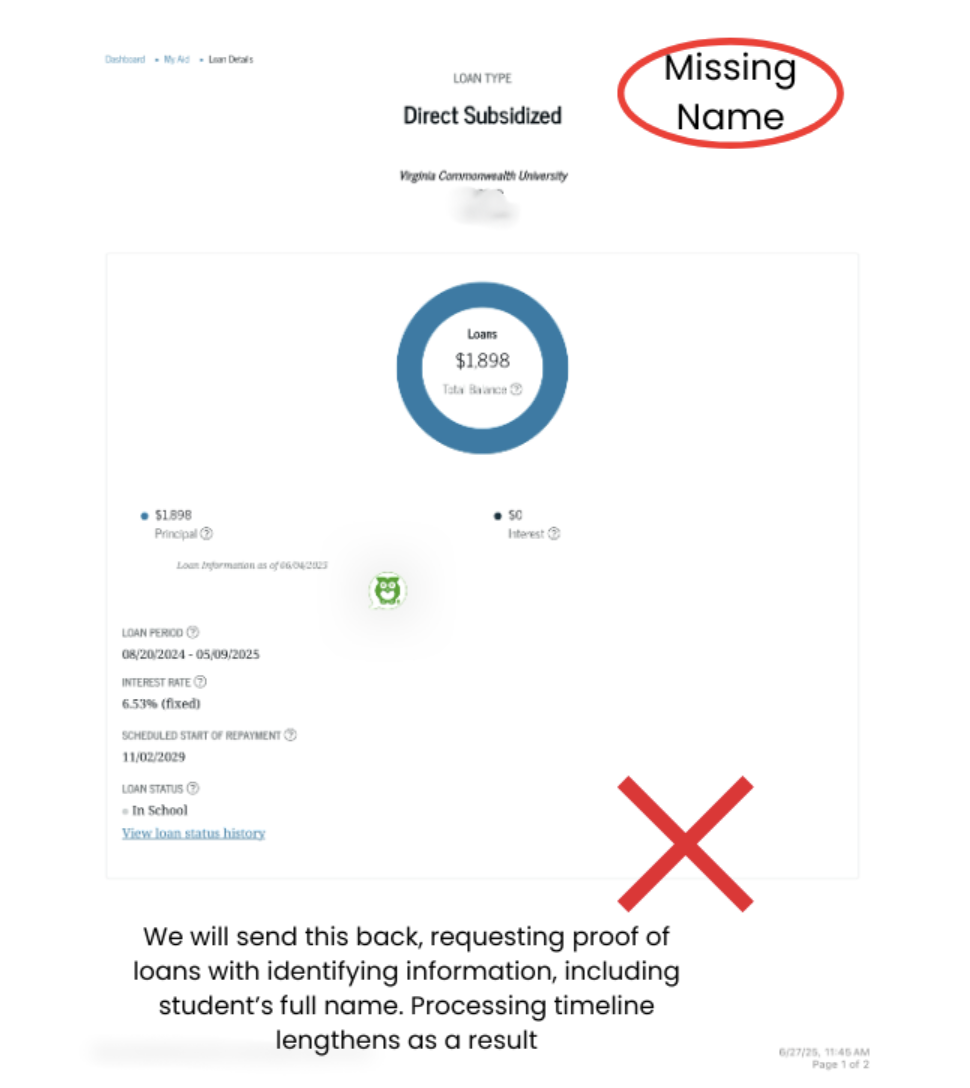 Rejected loan example marked "Missing Name" with a red X