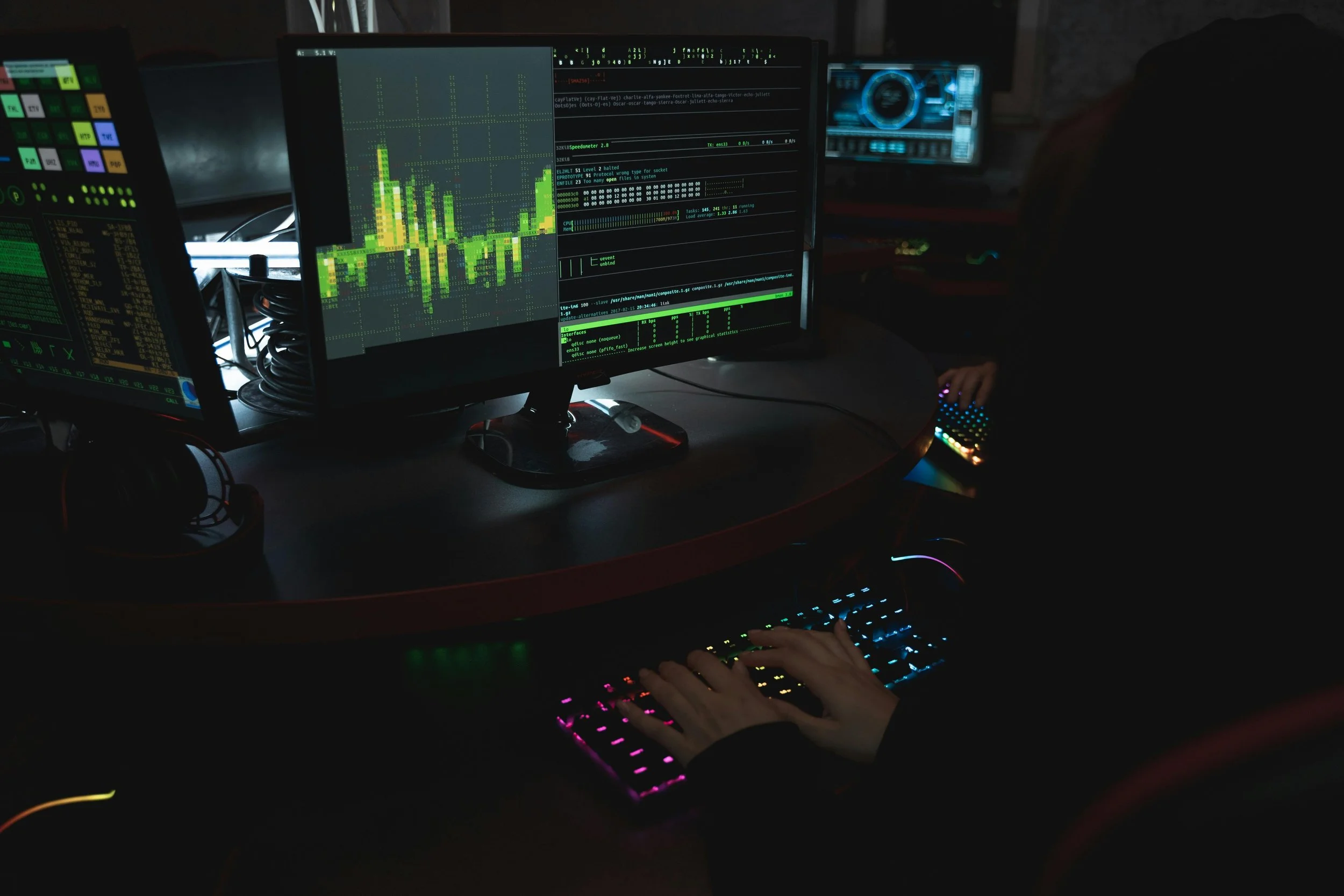 Dark office with computer monitors showing data