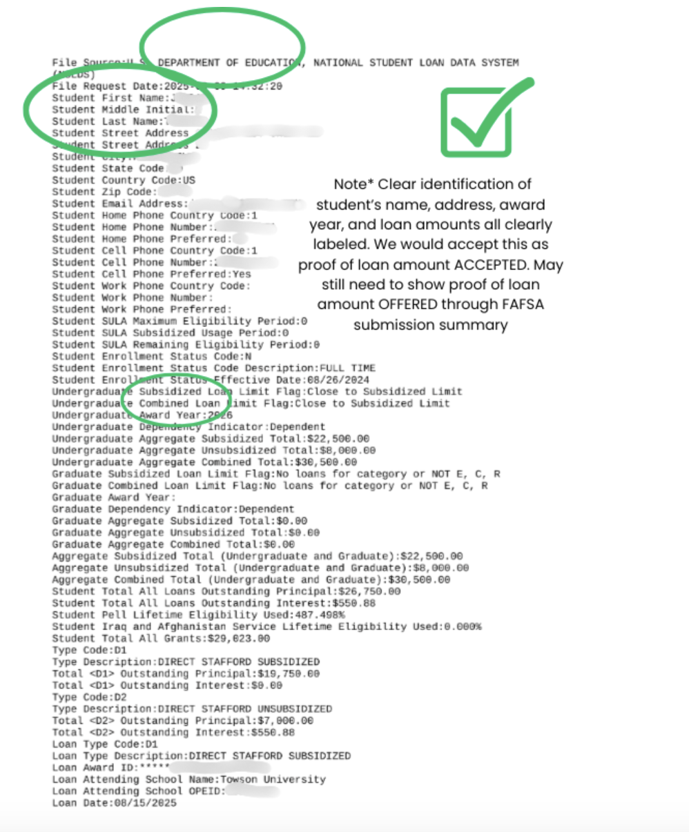 Accepted example with a check mark: federal student loan record with name, address, award year and loan amounts circled
