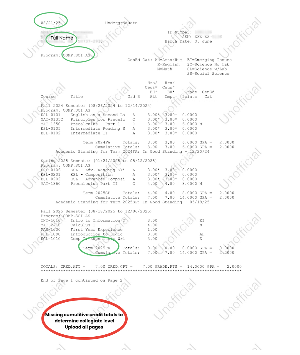 Rejected transcript example with key details circled and a note that cumulative credits are missing