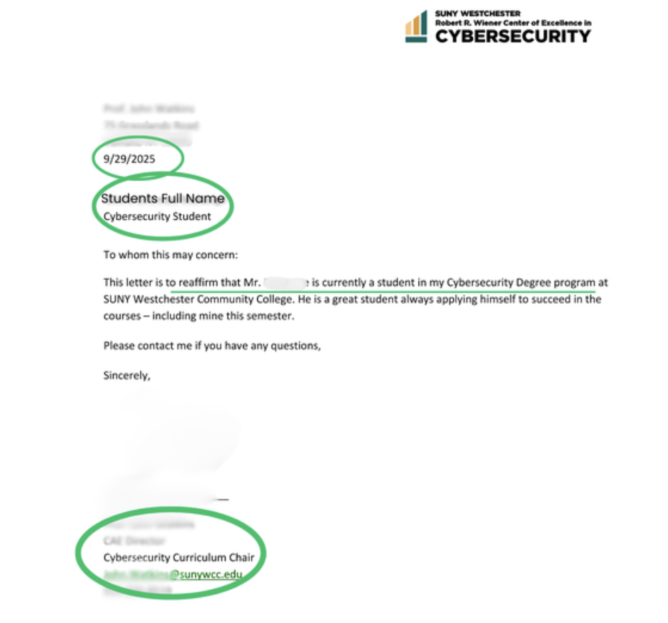 Enrollment letter example with the date, the student's full name and the signer's details circled