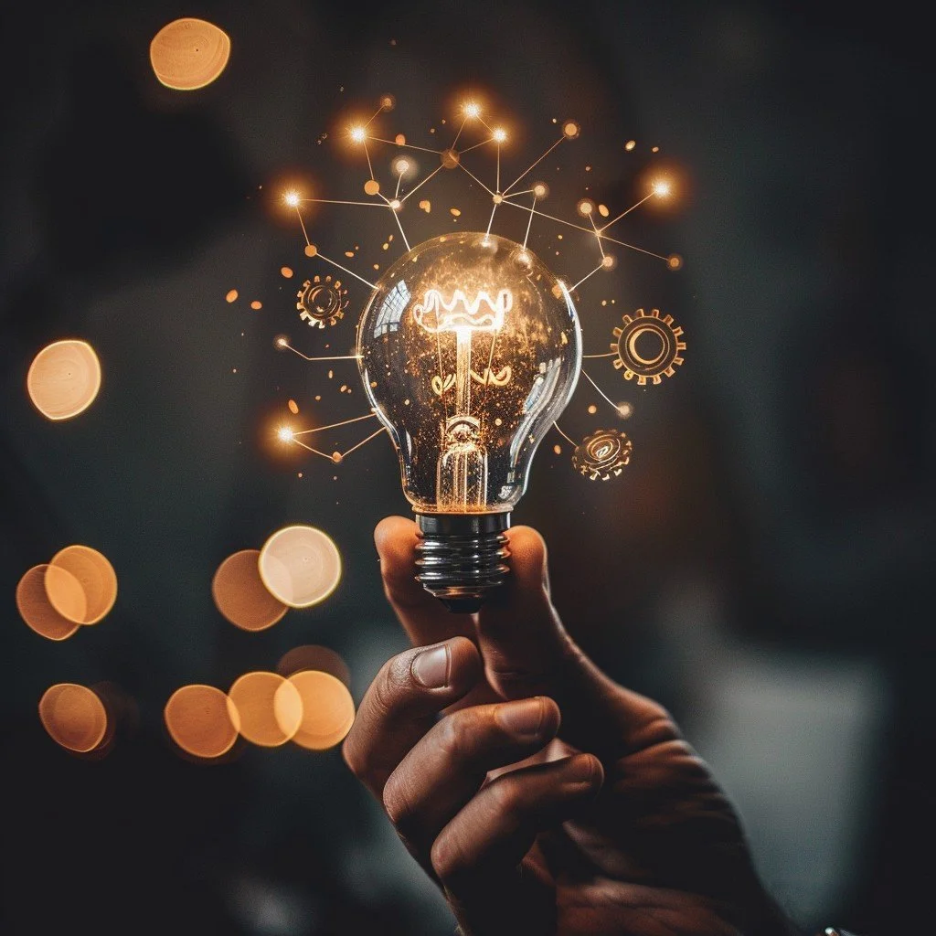 Hand holding up a glowing light bulb