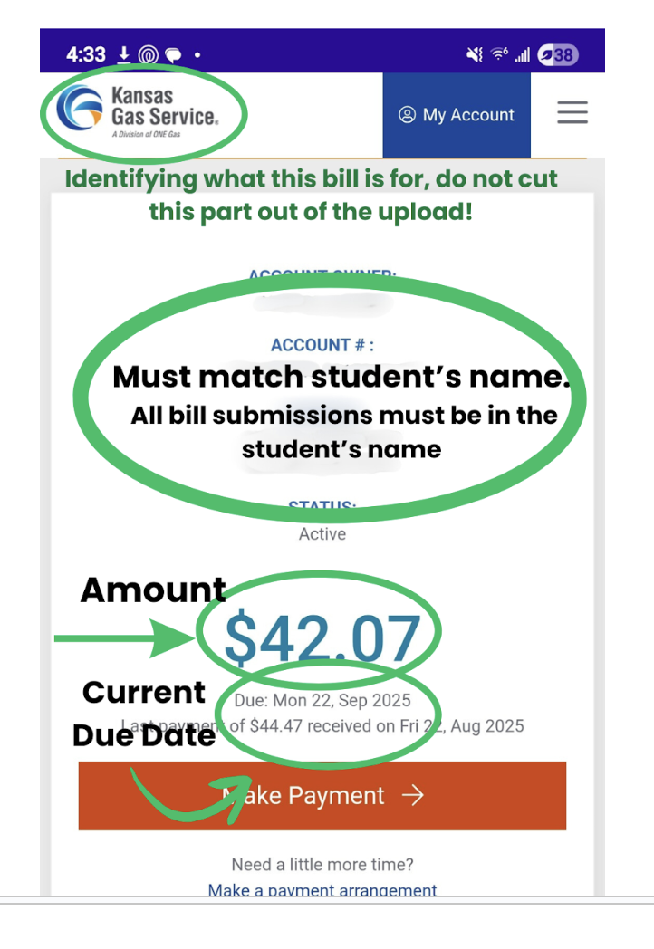Utility bill example with name, amount and due date circled and a note: "Must match student's name"