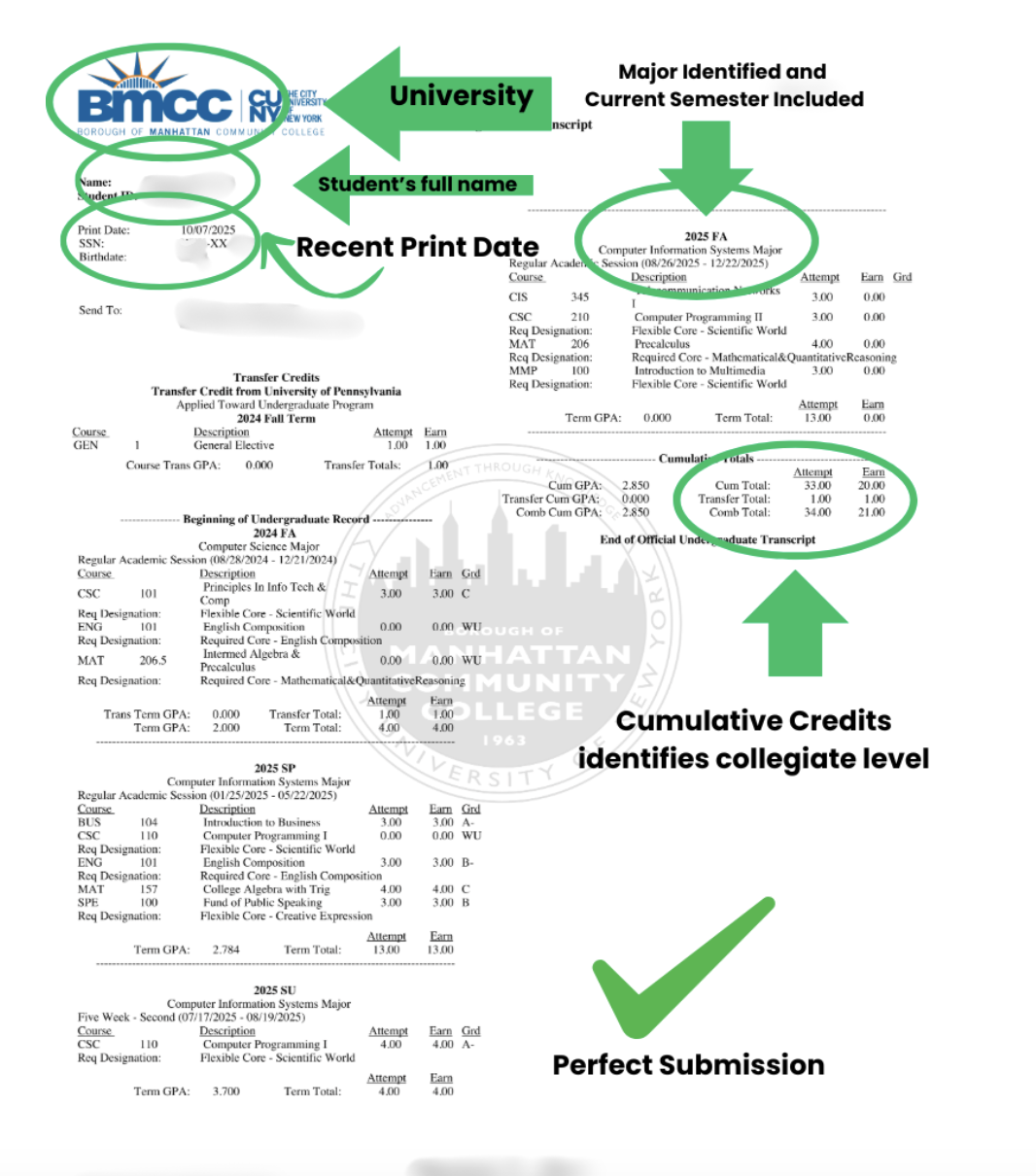 Accepted BMCC transcript example with a check mark: school, name, print date, major and cumulative credits marked