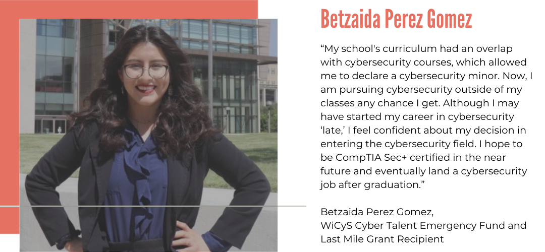 Portrait of Betzaida Perez Gomez, a young woman with dark curly hair and glasses, standing outdoors in front of a modern glass building, smiling with hands on hips.
