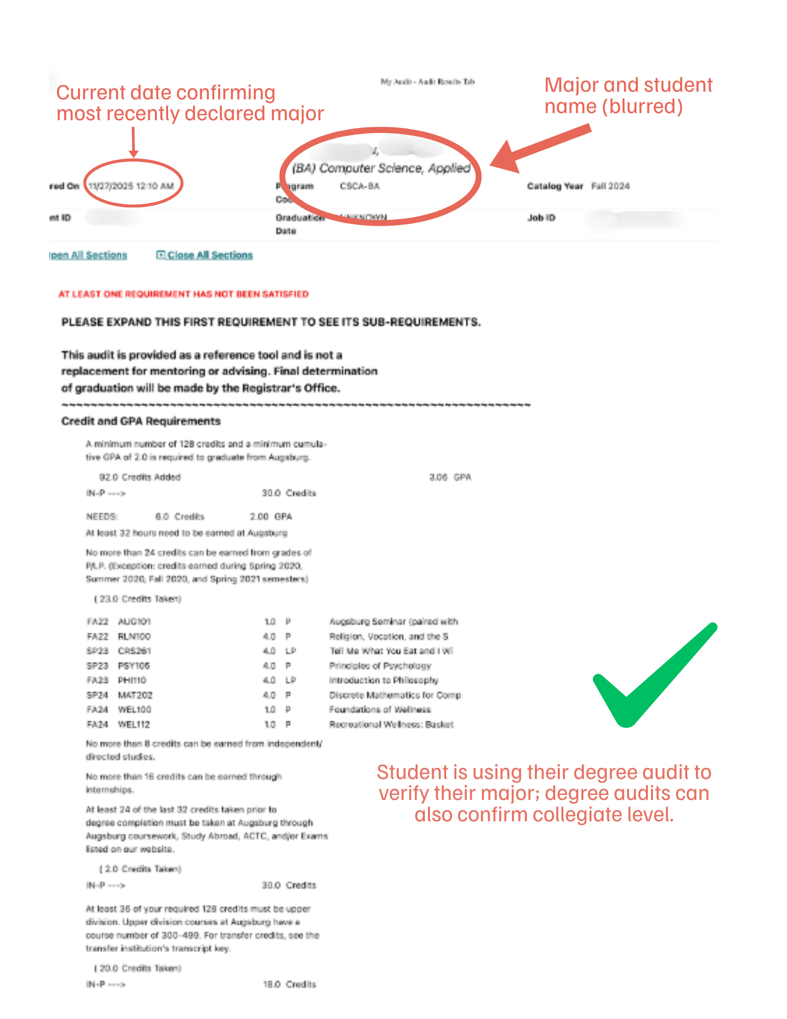 Accepted degree audit example with a check mark and the date, declared major and student name circled