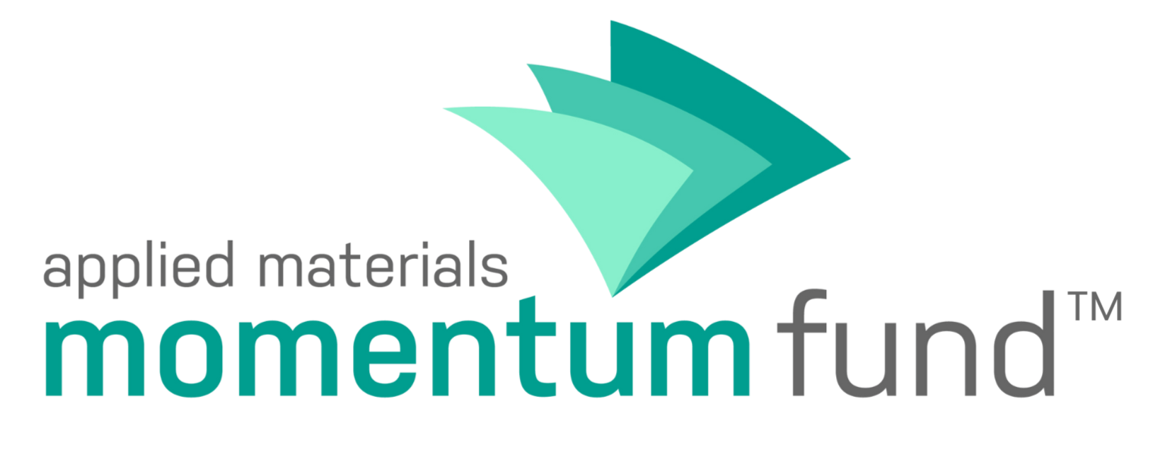 Logo with stylized teal book and arrows above the words "applied materials" and "momentum fund" in black and teal letters.