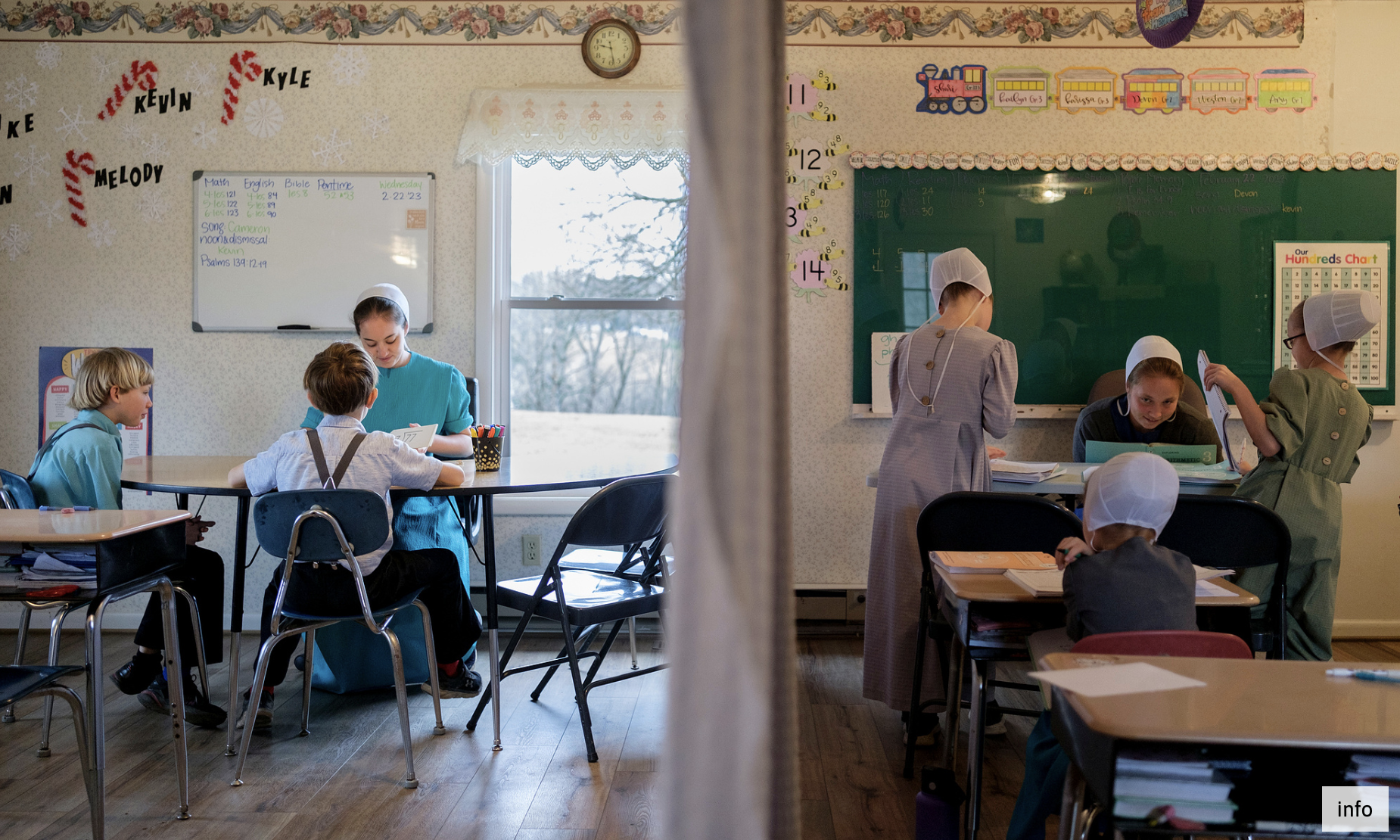 Amish children take school lessons in a converted home February 22, 2023. Because there are only two teachers in the Amesville Amish Parochial School, the room is split into first through fourth grade and fifth through cighth grade. | Max Correa