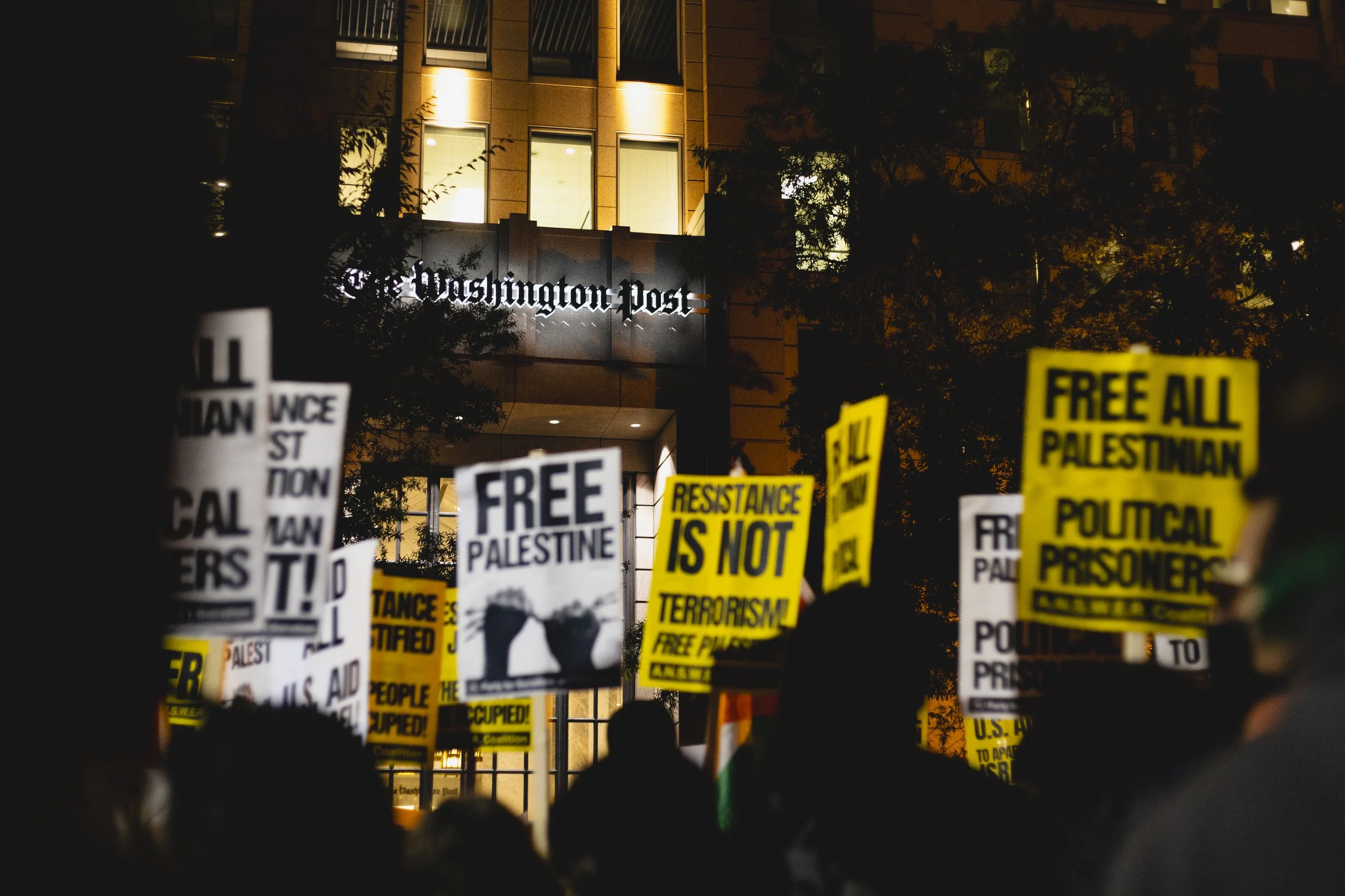 Protestors gather in Franklin Park, D.C, Oct. 13, 2023, across from the Washington Post headquarters, to rally support for Palestinians. The protestors accused the newspaper of biased coverage of the Israel-Hamas conflict. | Ben Pennington