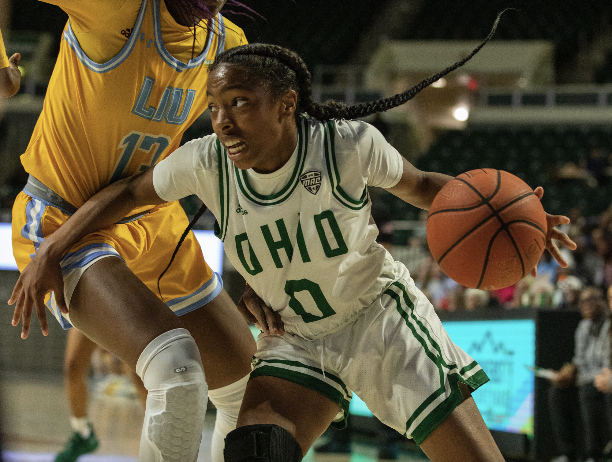 Ohio University freshmen Jaya McClure drives the baseline during a game against LIU on November 7, 2022, at the Convocation Center. | Emma Reed