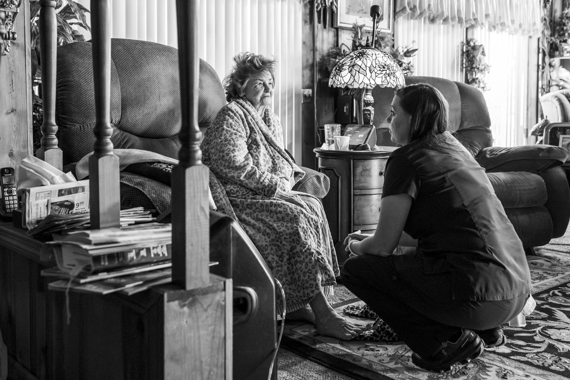 Brand Hicks R.N, peaks to her patient. Mrs Charlotte Bethune, at her home in Sand Mountain, Georgia, in Dade County. They speak about everything from medications to family life, seamlessly weaving the professional and personal. A hospice nurse for si