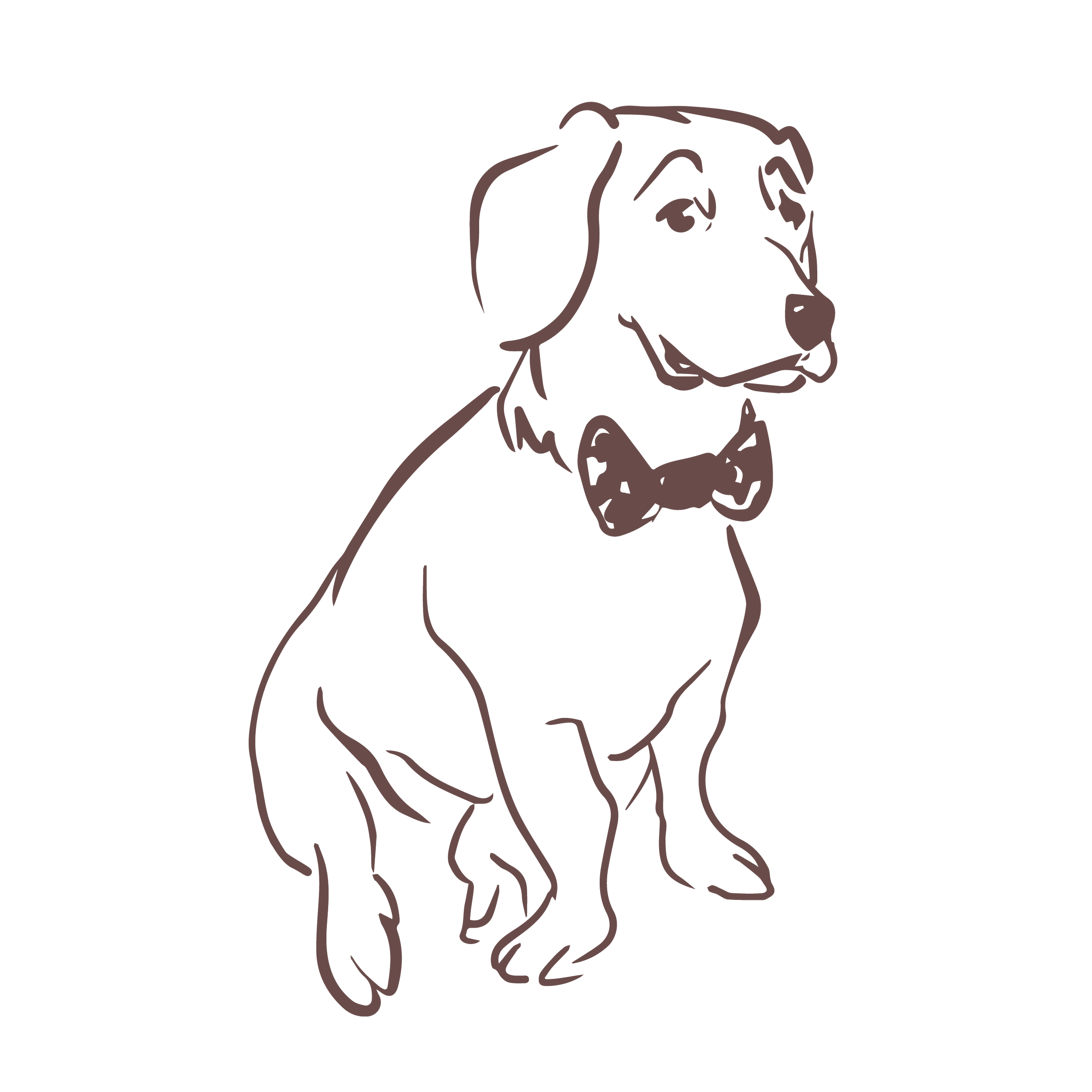 Line drawing of a sitting dog wearing a bow tie, the company mascot better known as Moose.