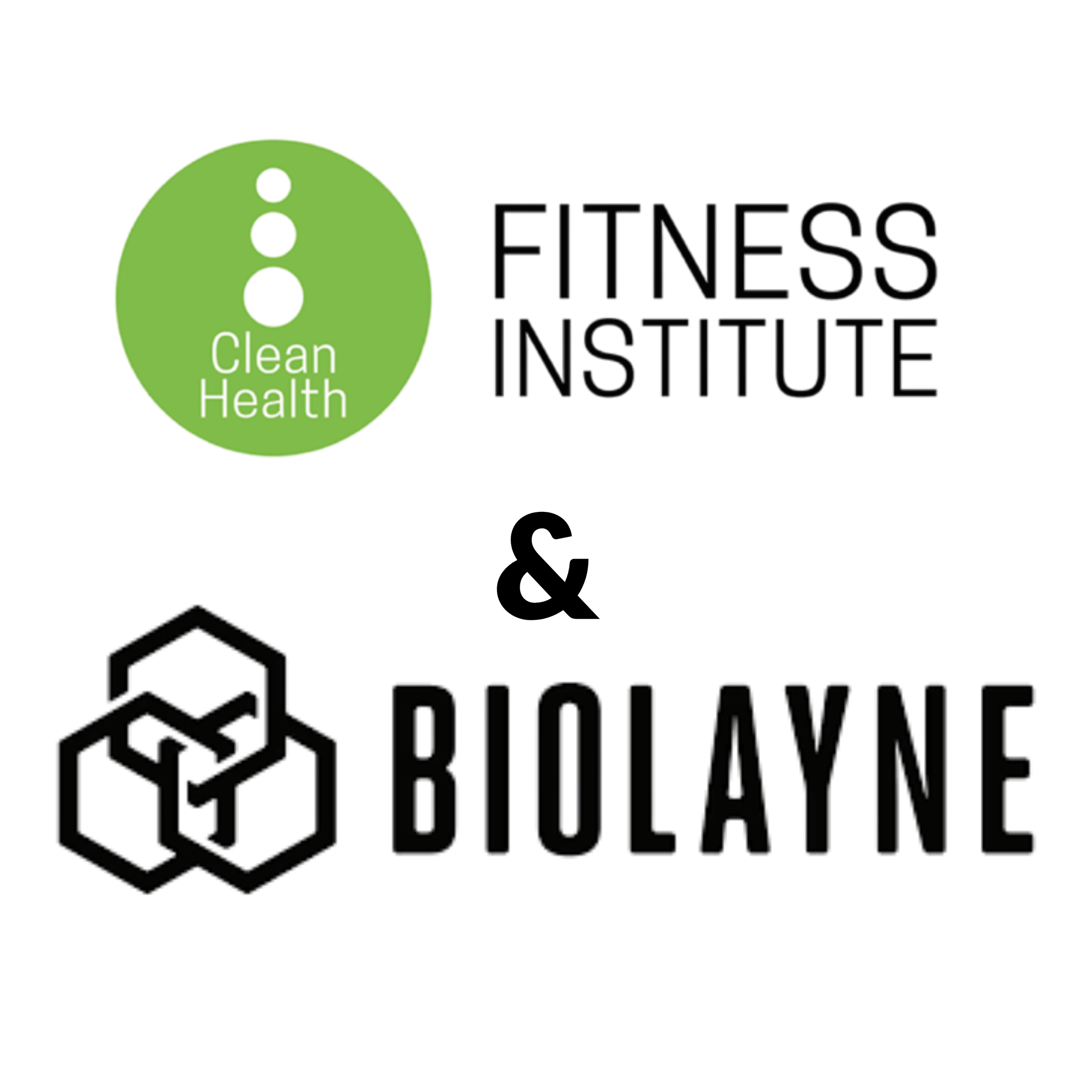 Logo with a green circle containing the words 'Clean Health' and a black rectangular section with the words 'Fines Institute'. Below is a black outline of a molecular structure with the word 'BioLAGE' to the right.