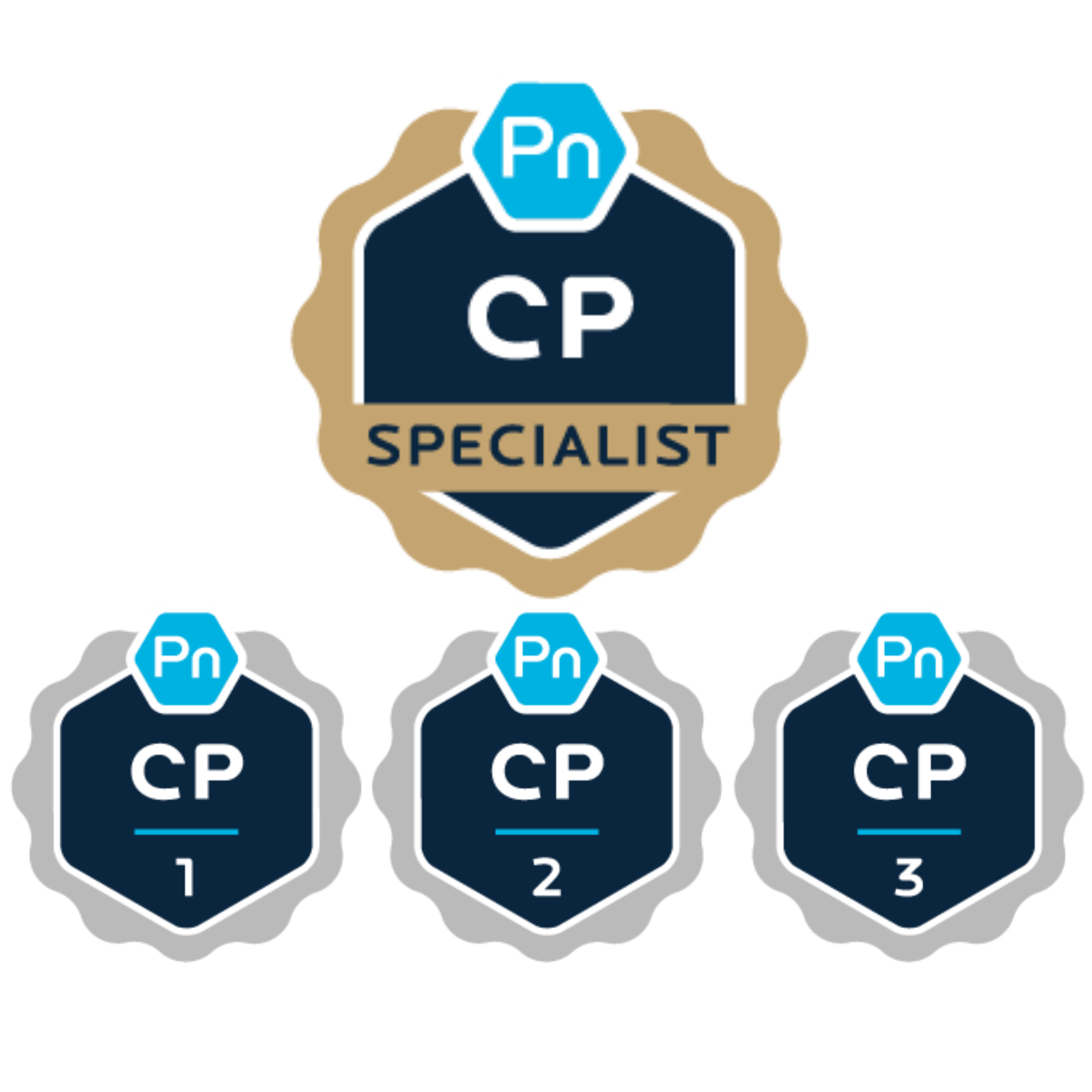 A graphic showing a hierarchy of CP certification badges, including one main badge labeled 'CP SPECIALIST' at the top and three smaller badges labeled 'CP 1', 'CP 2', and 'CP 3' beneath, each featuring 'Pn' at the top.