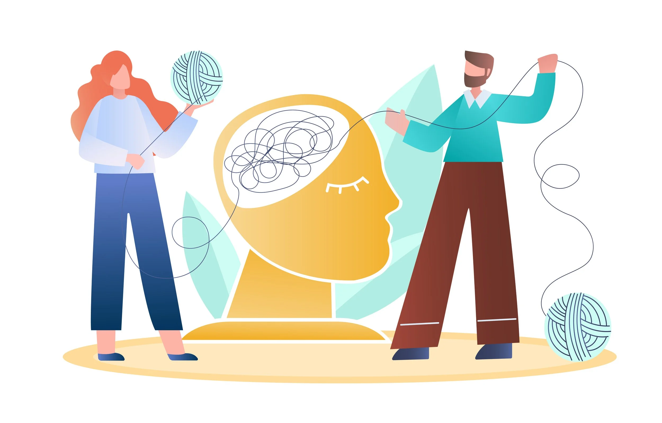 flat vector image depicting a male and female trying to untangle the human mind, represented as string