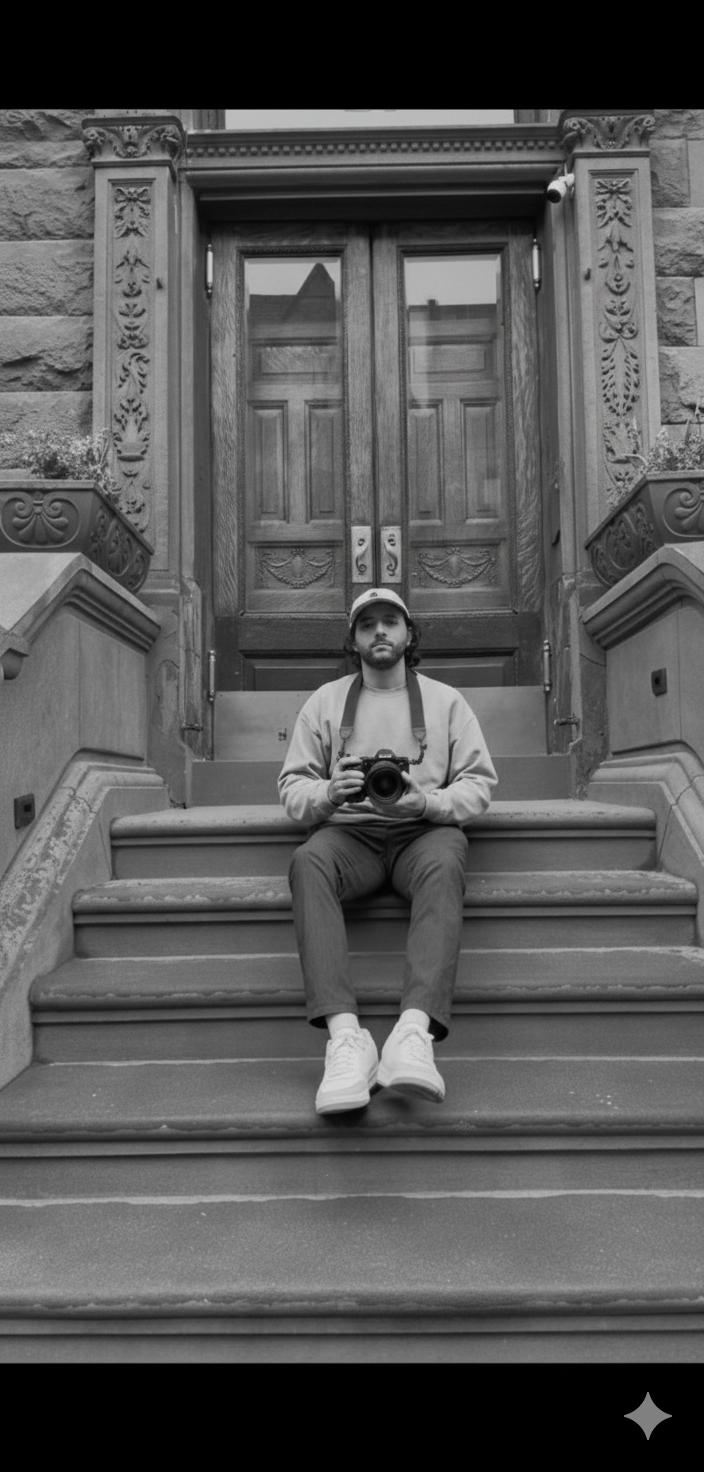 A man sitting on steps in front of a ornate wooden door, holding a camera.