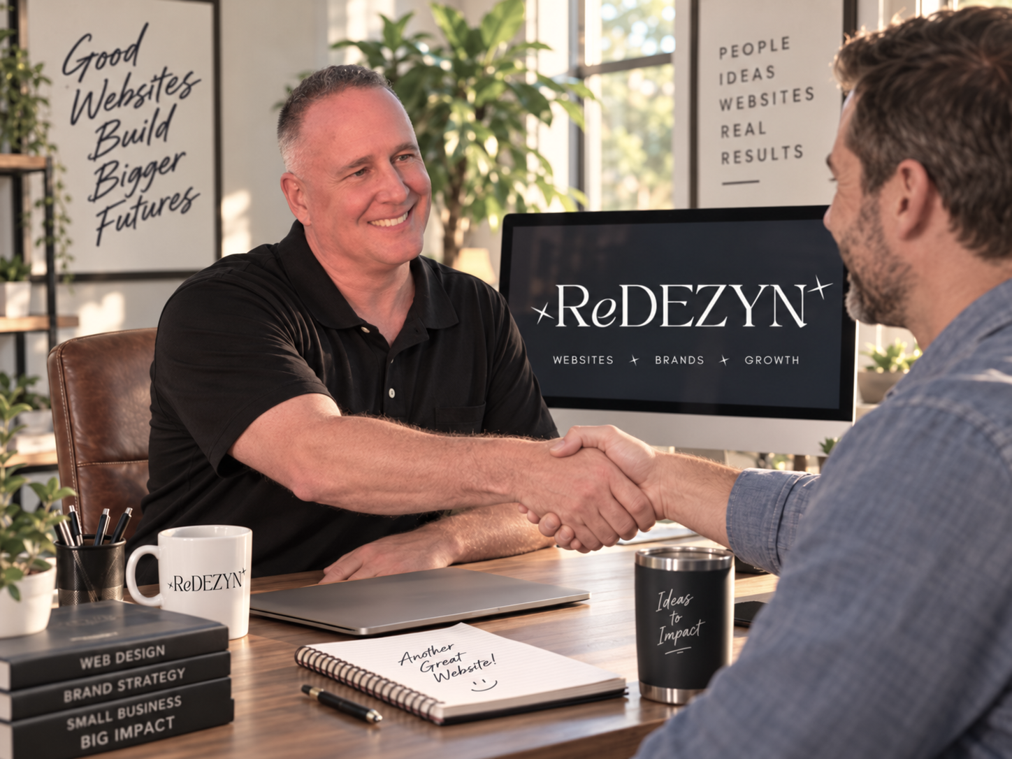 Shawn shaking hands with a happy client in an office setting, with a computer screen displaying ReDEZYN + branding, and motivational posters on the wall.
