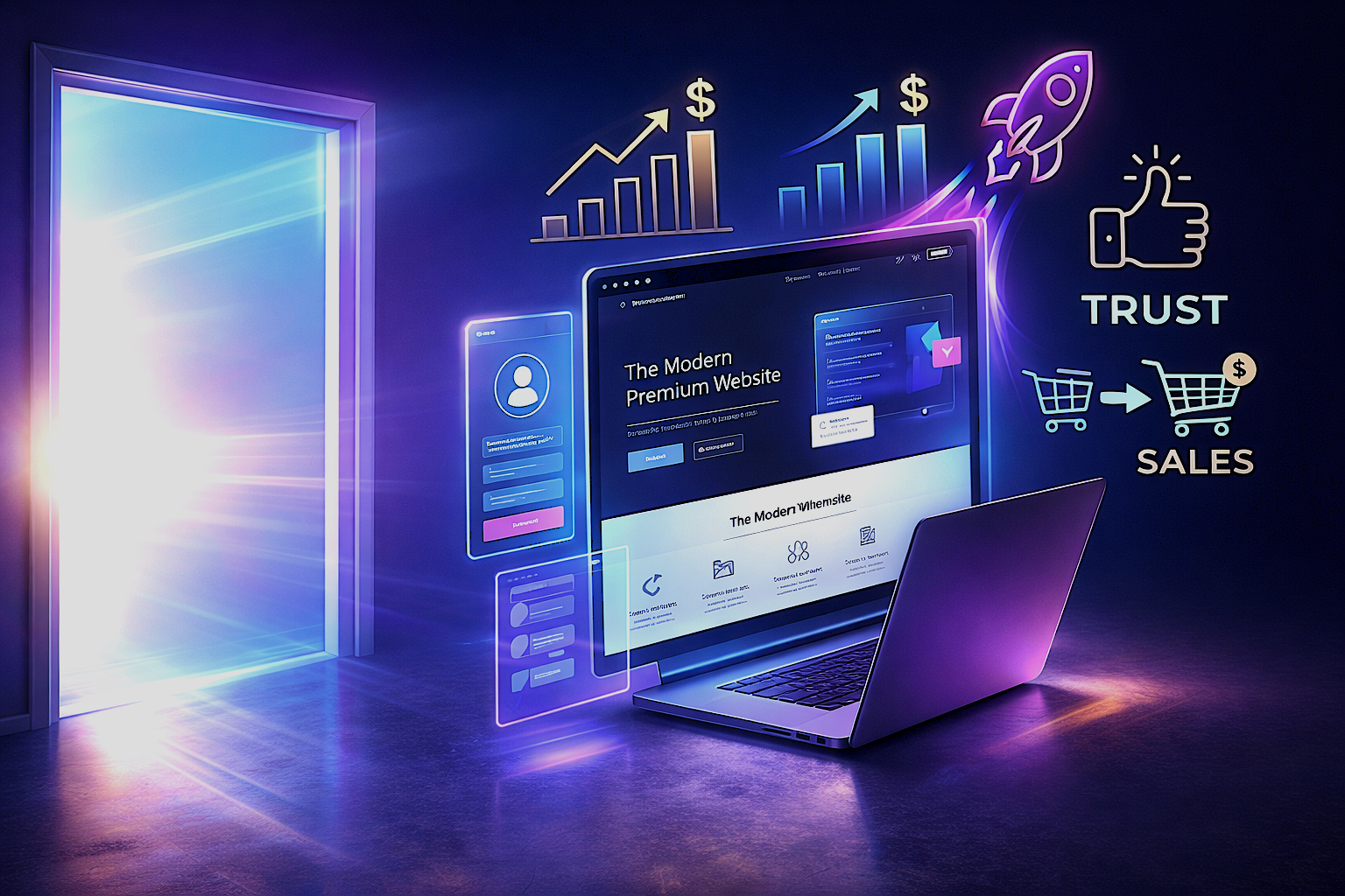 Digital illustration of a modern website for online business on a laptop and monitor, with icons representing growth, trust, sales, and online shopping.