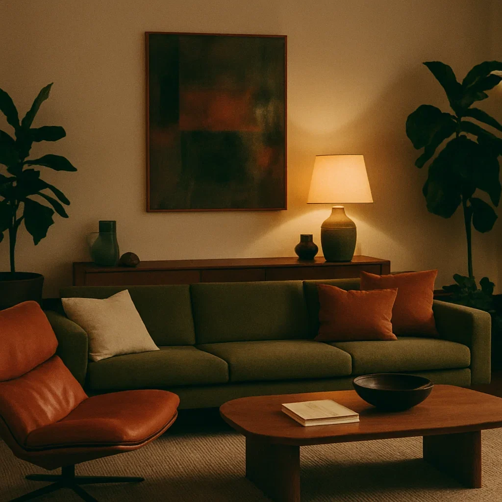 Living room with a green sofa, orange and beige pillows, a wooden coffee table with a book and bowl, a sideboard with decorative vases, a table lamp, and large houseplants flanking a framed abstract artwork on the wall behind.