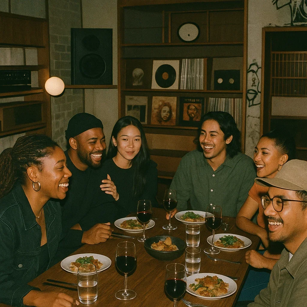 A group of six diverse adults enjoying a meal together at a dining table in a cozy, well-lit room. They are smiling and laughing while eating and drinking red wine.